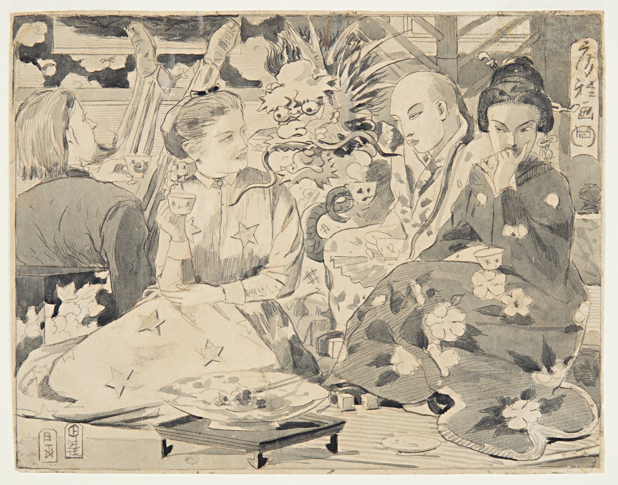 Tekening, Internationaal theekransje, ca. 1867 door Winslow Homer