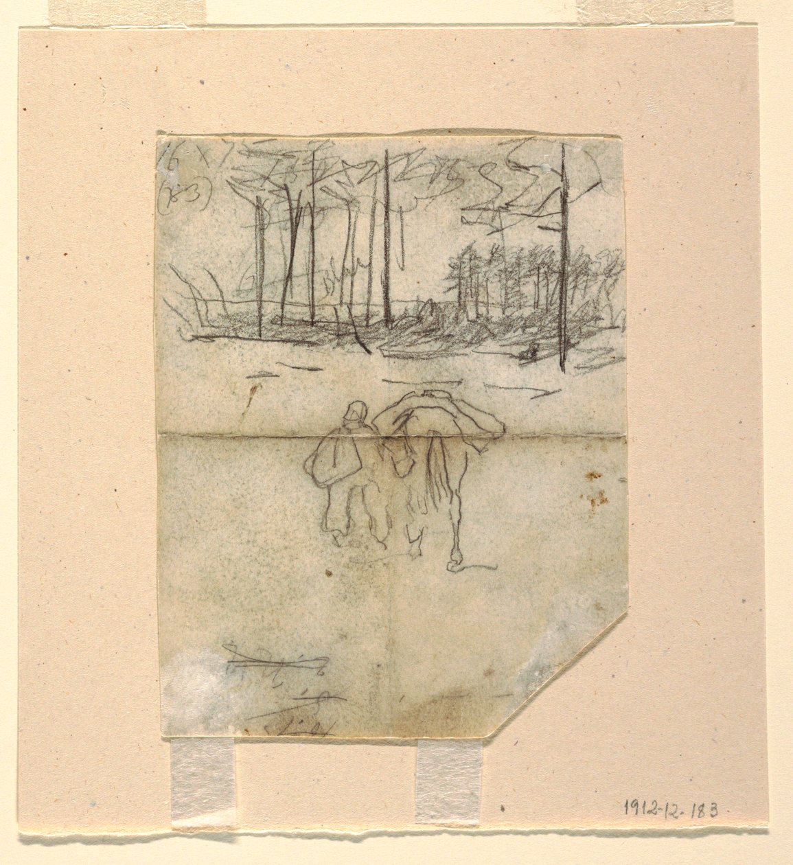 Tekening, soldaat leidt een pakpaard, 1862 door Winslow Homer