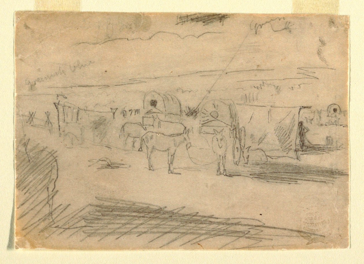 Tekening, trein met legerwagens, 1862 door Winslow Homer