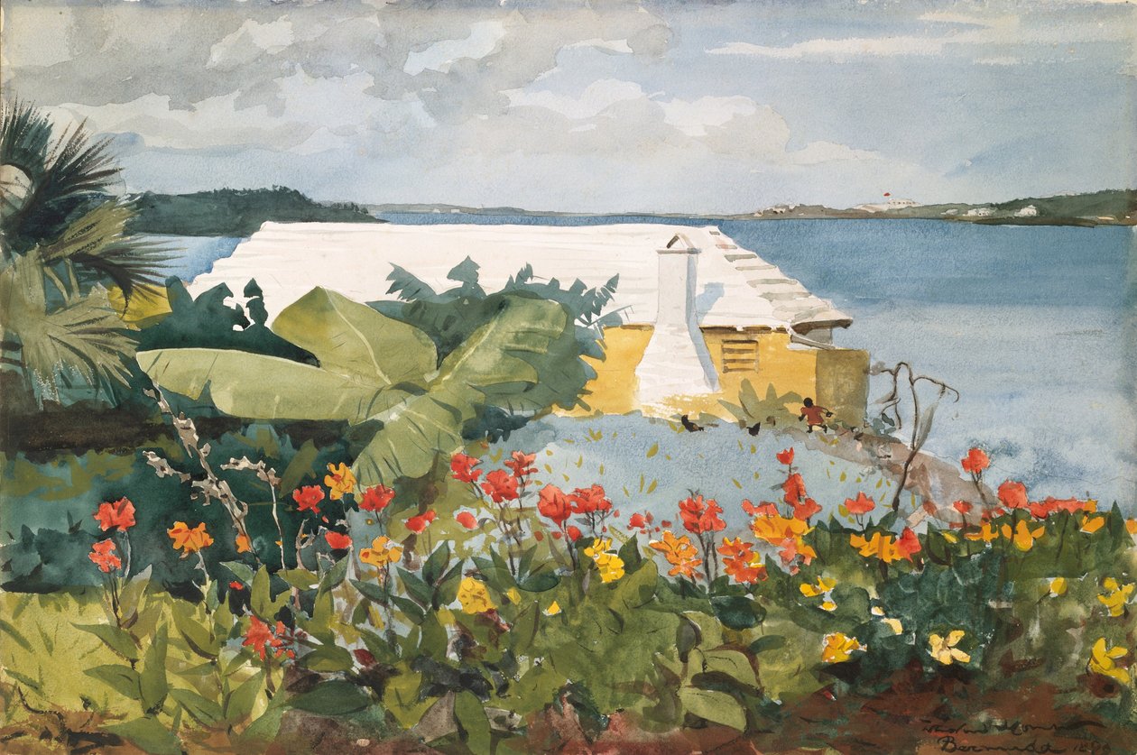Bloementuin en bungalow, Bermuda door Winslow Homer