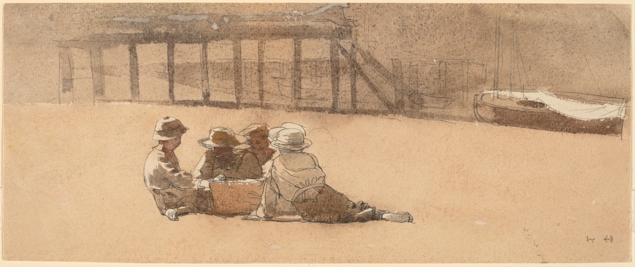 Vier jongens op een strand door Winslow Homer