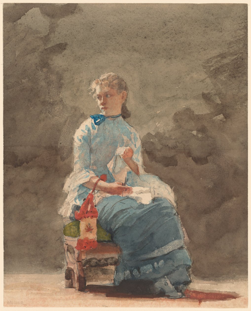 Jonge vrouw naait door Winslow Homer