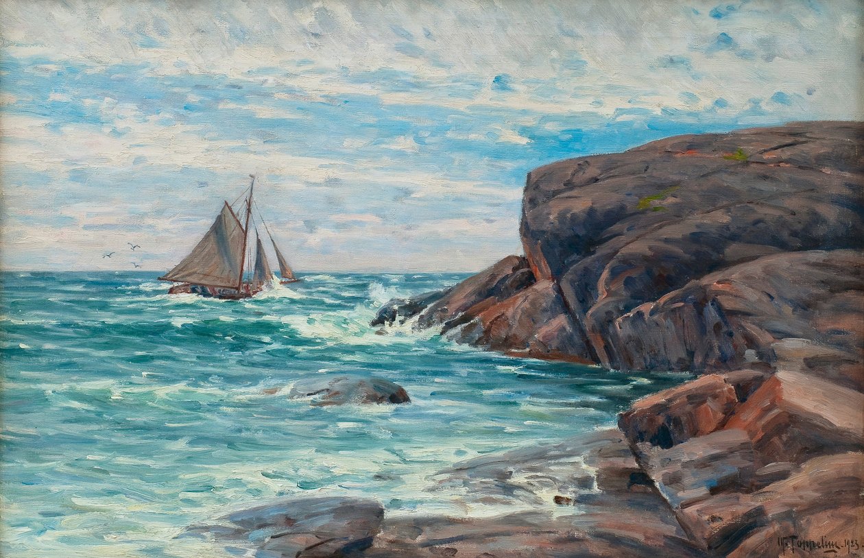 Zeilboot aan de kust door Woldemar Toppelius