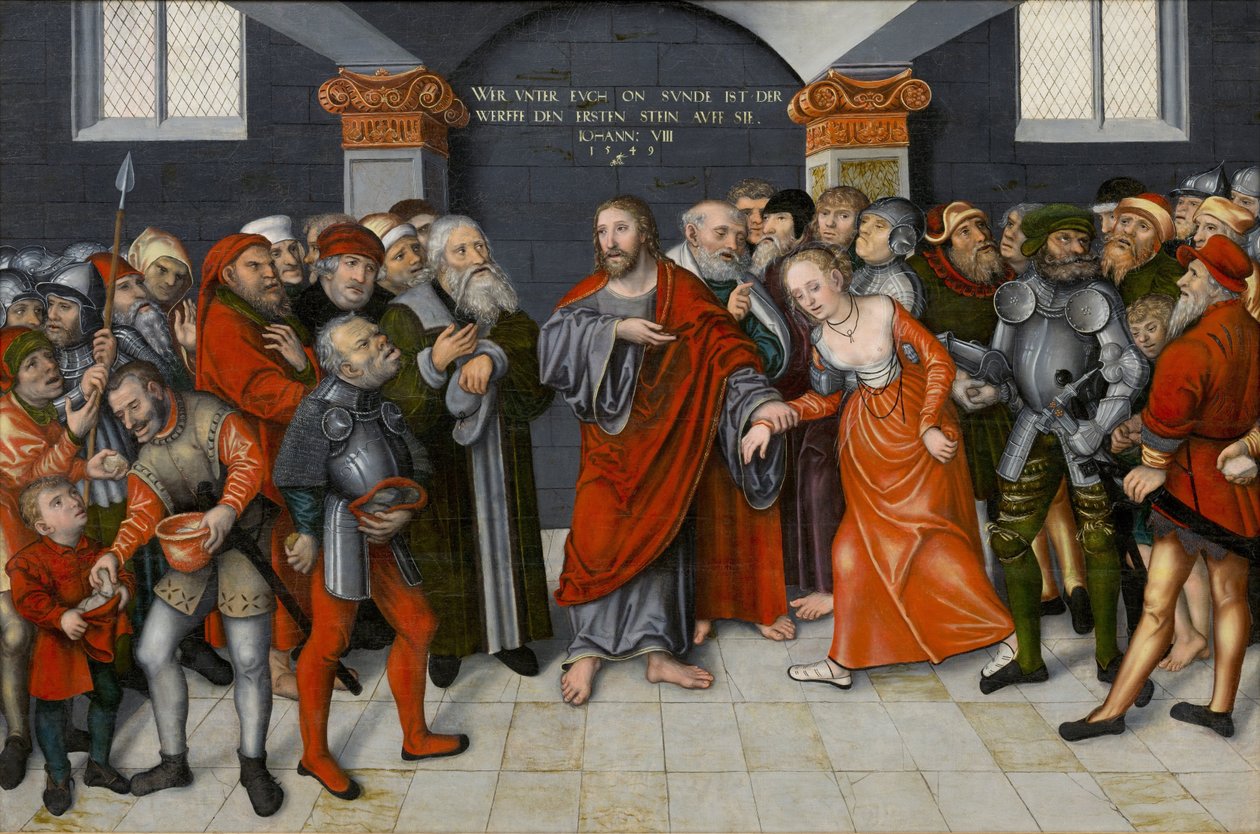 Christus en de overspelige vrouw door Lucas Cranach the Younger  