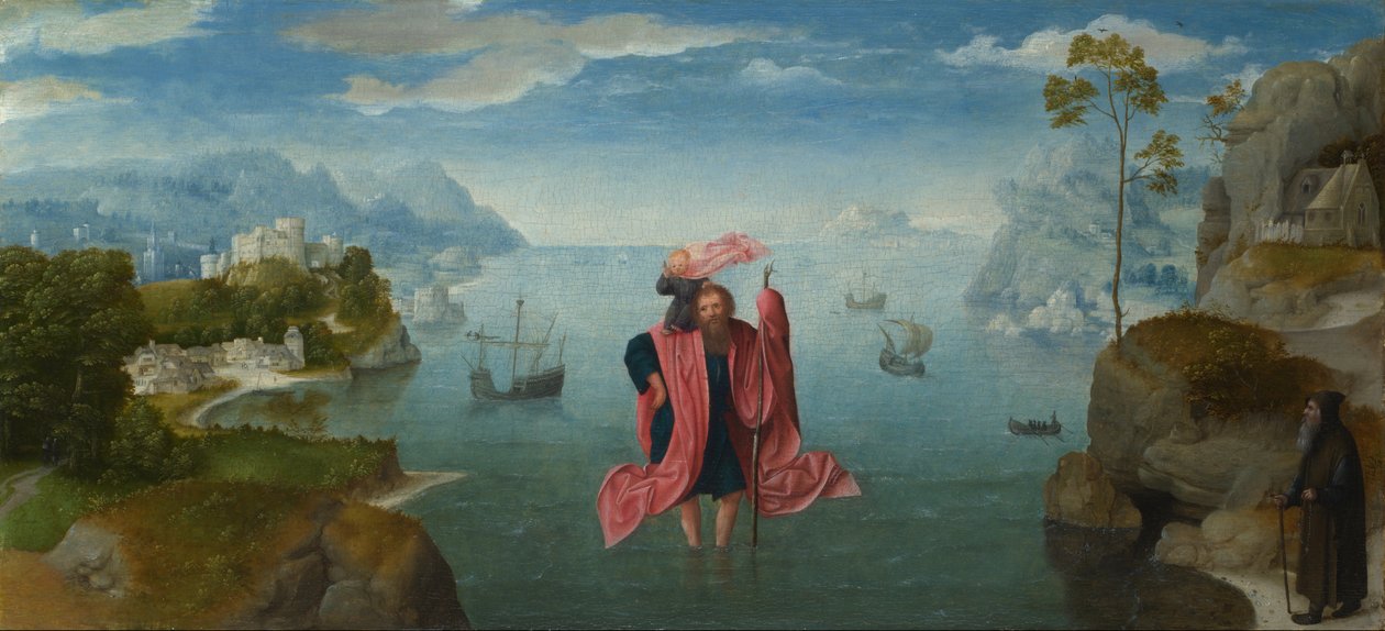 Sint Christoffel draagt het Kind Jezus door Master of the Female Half Lengths