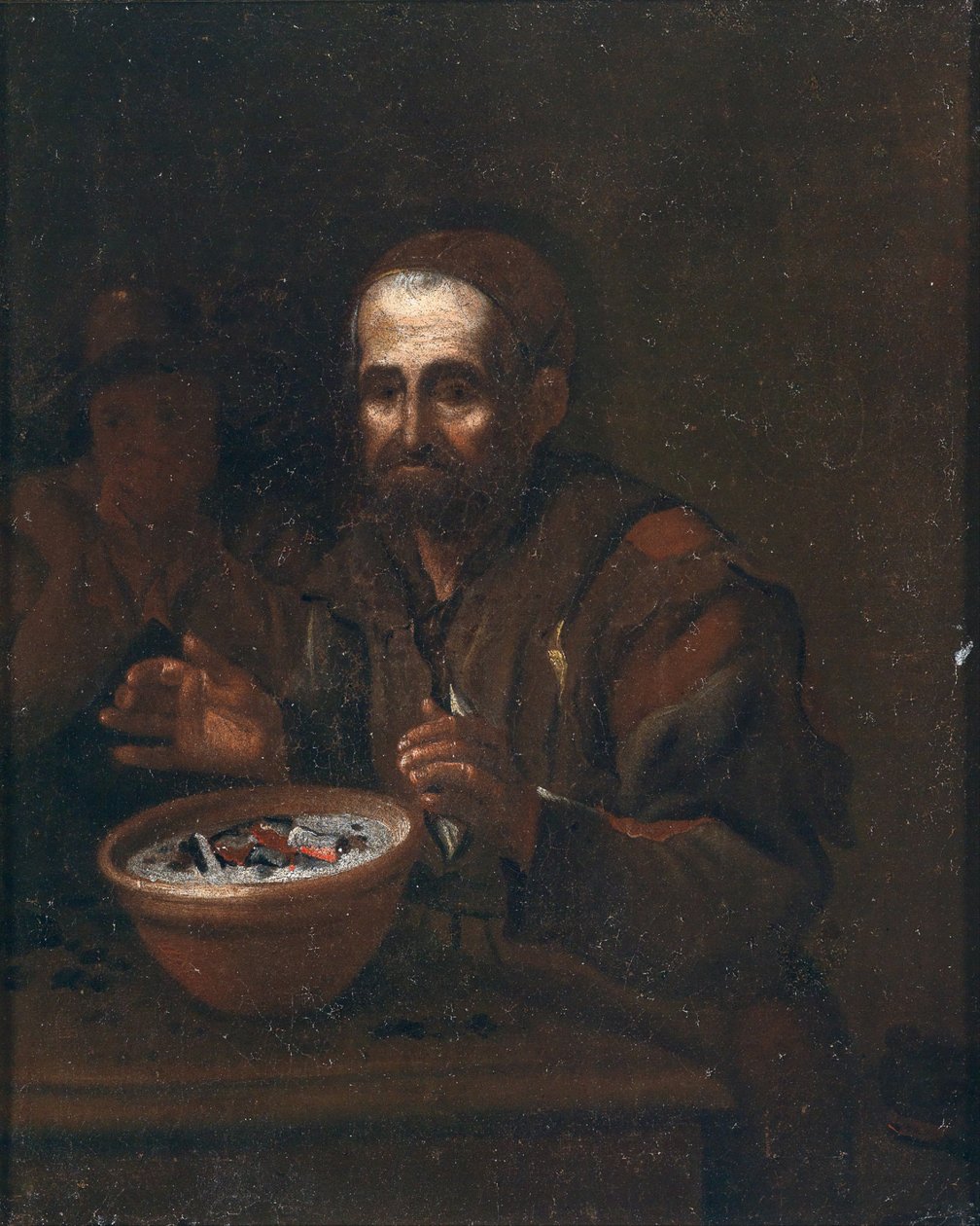 Een oude man die zich warmt bij een kolenvuur door Workshop of Michiel Sweerts