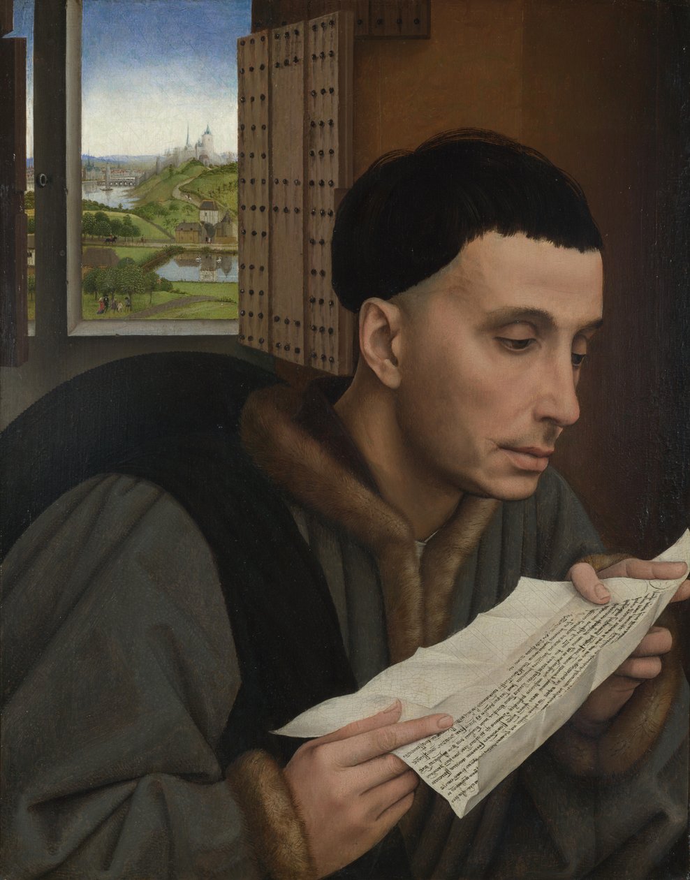 Een man die leest (Sint Ivo?) door Workshop of Rogier van der Weyden