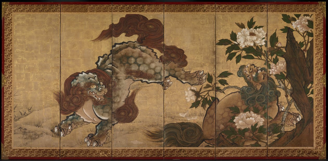 Leeuwen en Tijgers in Pioenroos en Bamboe door Yamaguchi Sekkei