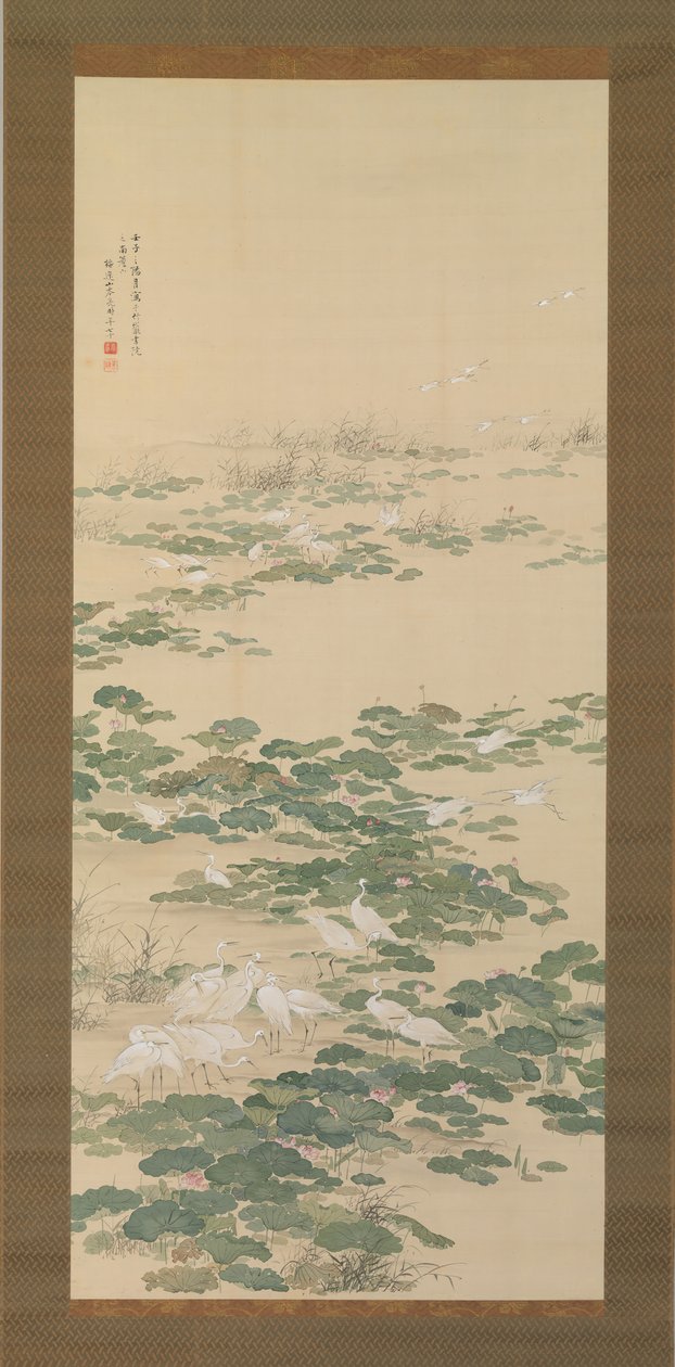 Reigers in een lotusbloemen vijver, 1852 door Yamamoto Baiitsu