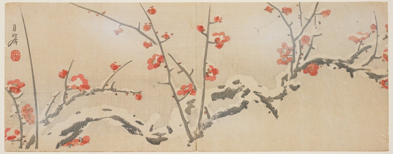 Bloeiende pruimen in de sneeuw, c.1818-29 door Yamaoka Gepp