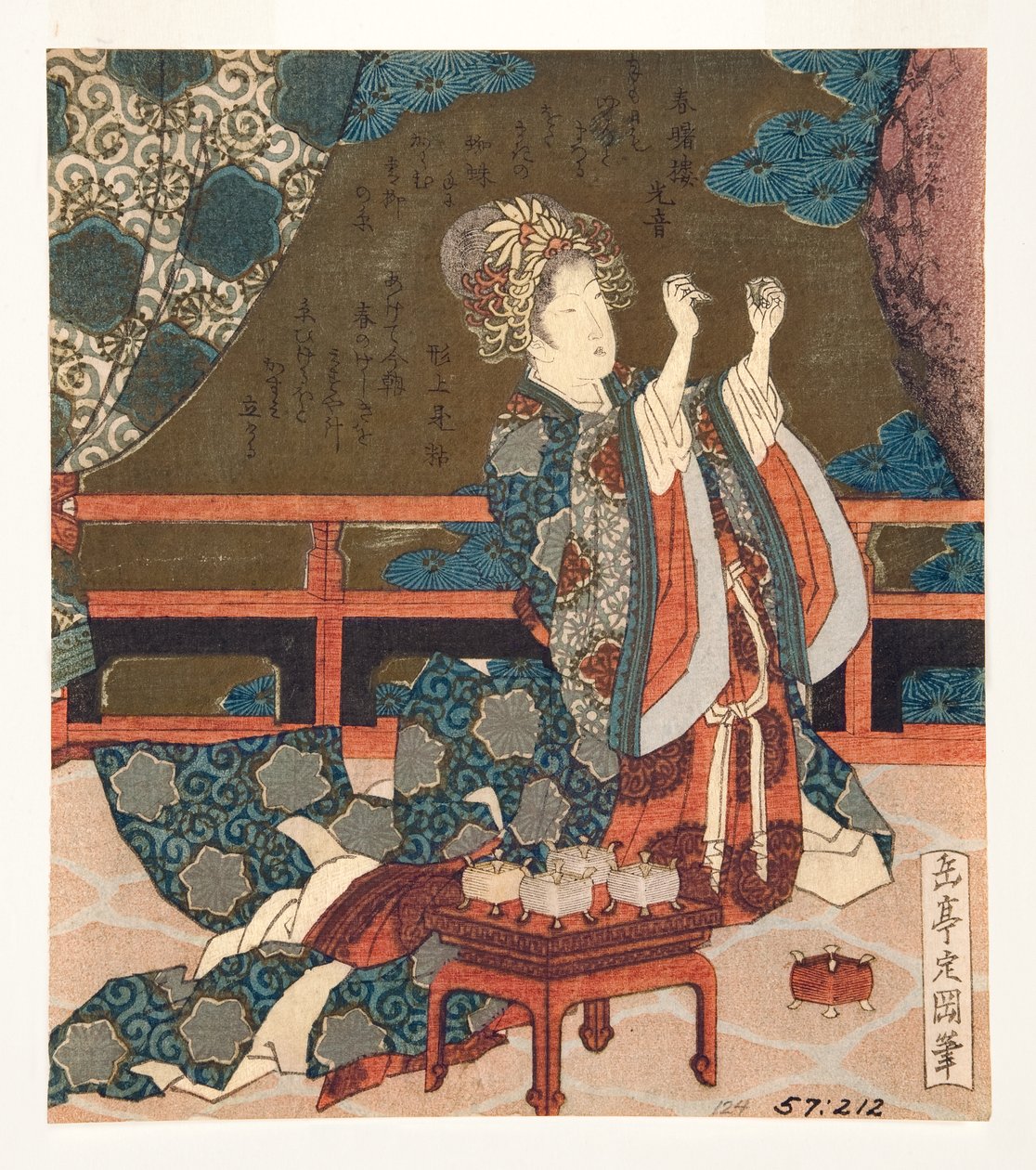 Chinese vrouw onderzoekt een draad, 1823-25 door Yashima Gakutei
