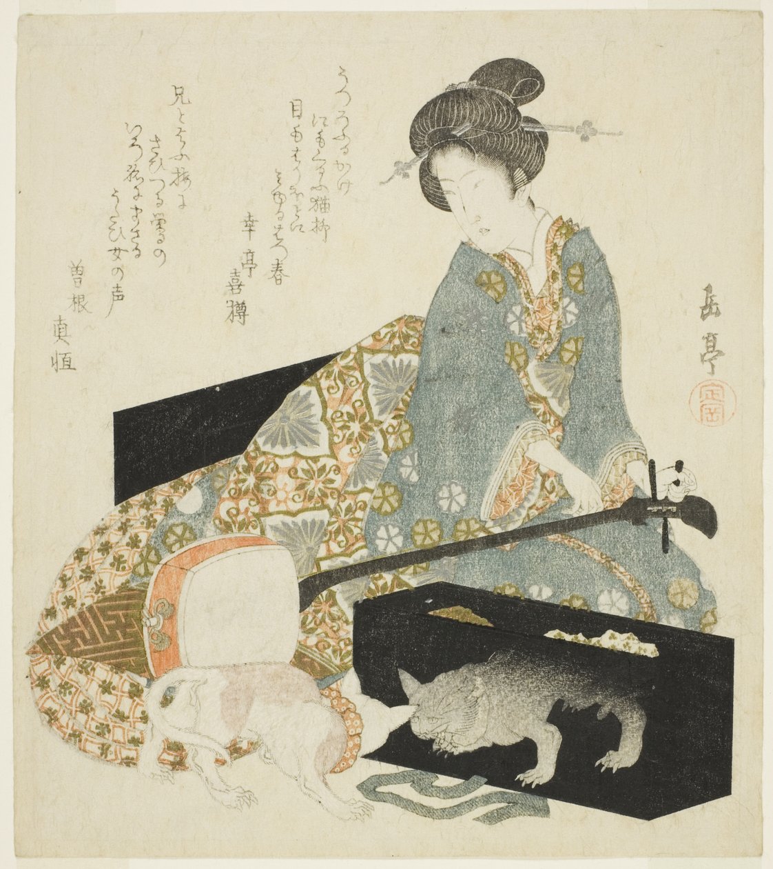 Vrouw met shamisen en kat door Yashima Gakutei