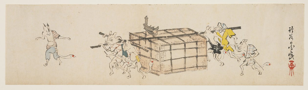 Witte vossen dragen een koffer, ca. 1840 door Yoda Chikkoku