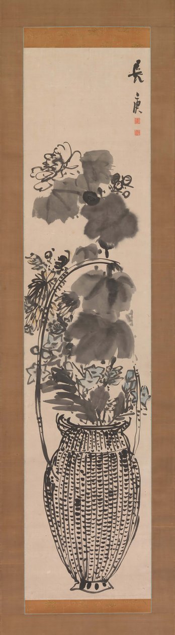 Herfstbloemen in een bamboemand, 1760s door Yosa Buson