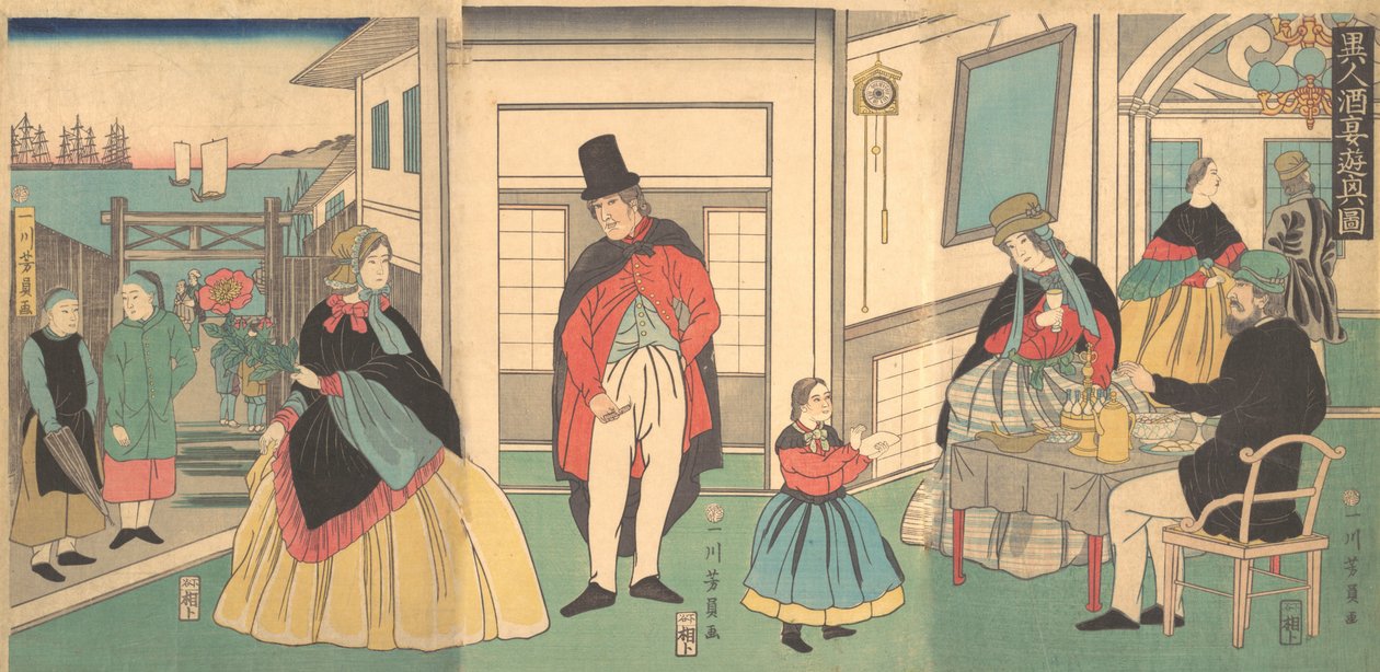 Buitenlanders genieten van een banket, 2e maand, 1862 door Yoshikazu