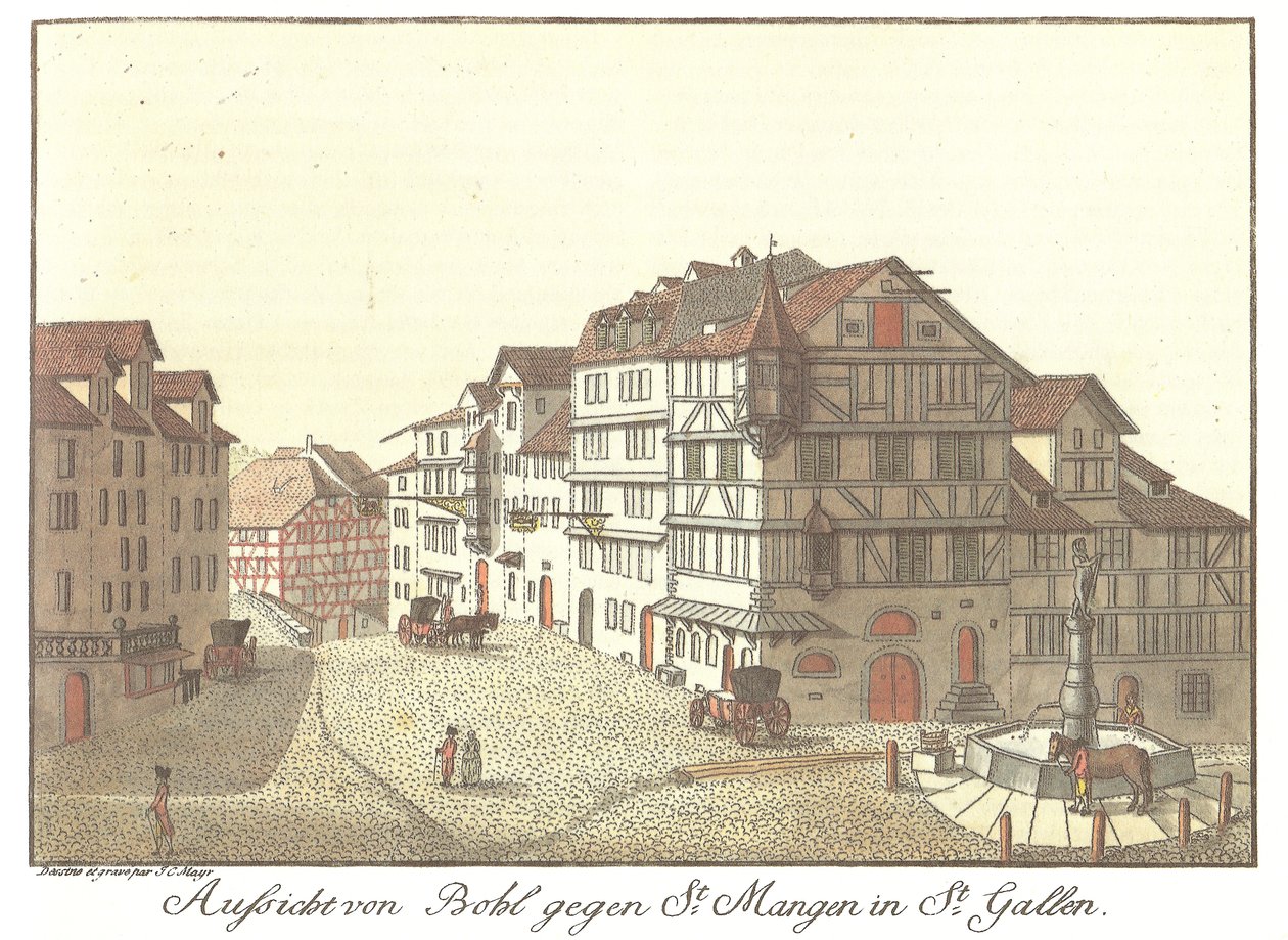 Uitzicht van Bohl naar St. Mangen in St. Gallen (Oorspronkelijke titel) door Zeichner und Kupferstecher