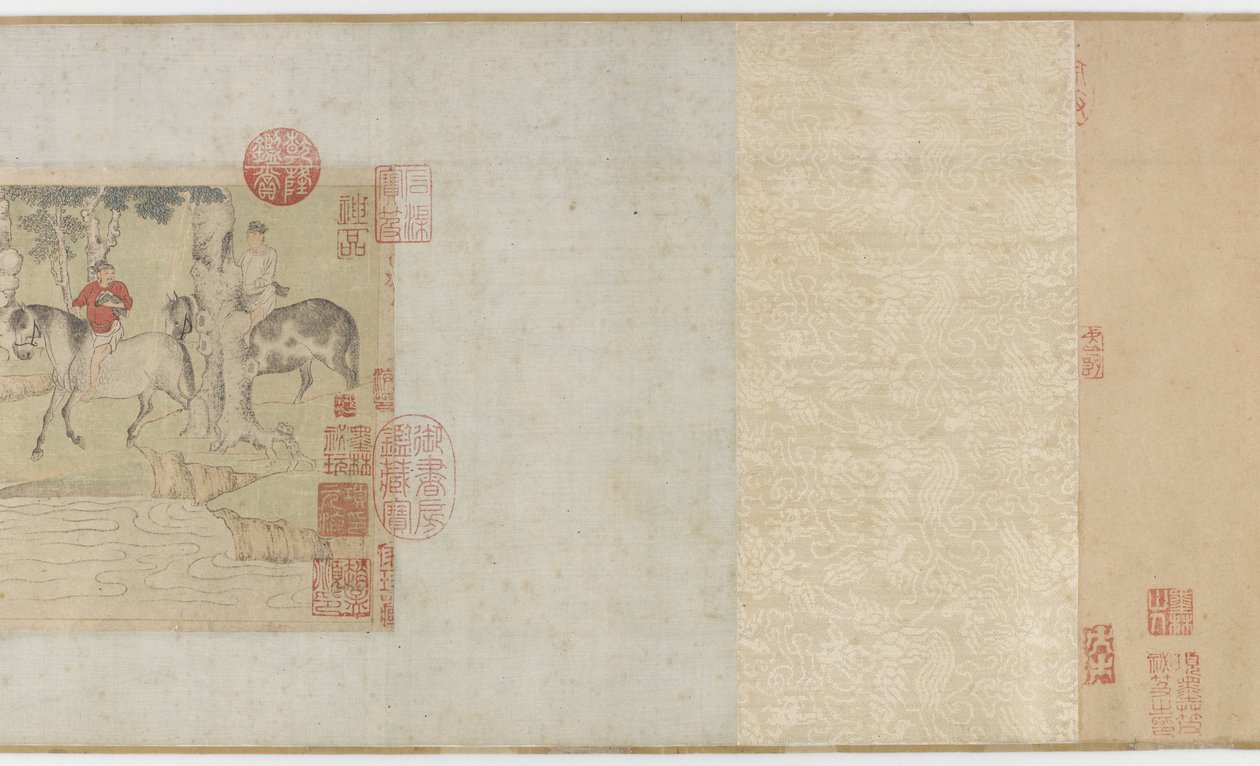 Paarden en stalknechten die een rivier oversteken, Yuan of vroege Ming-dynastie, 14e eeuw door Zhao Mengfu Chao Meng Fu or