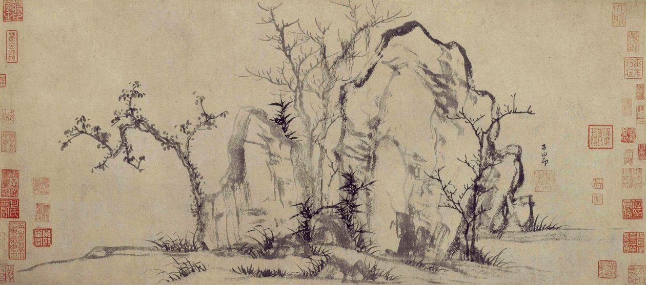 Elegante rotsen en verspreide bomen door Zhao Mengfu