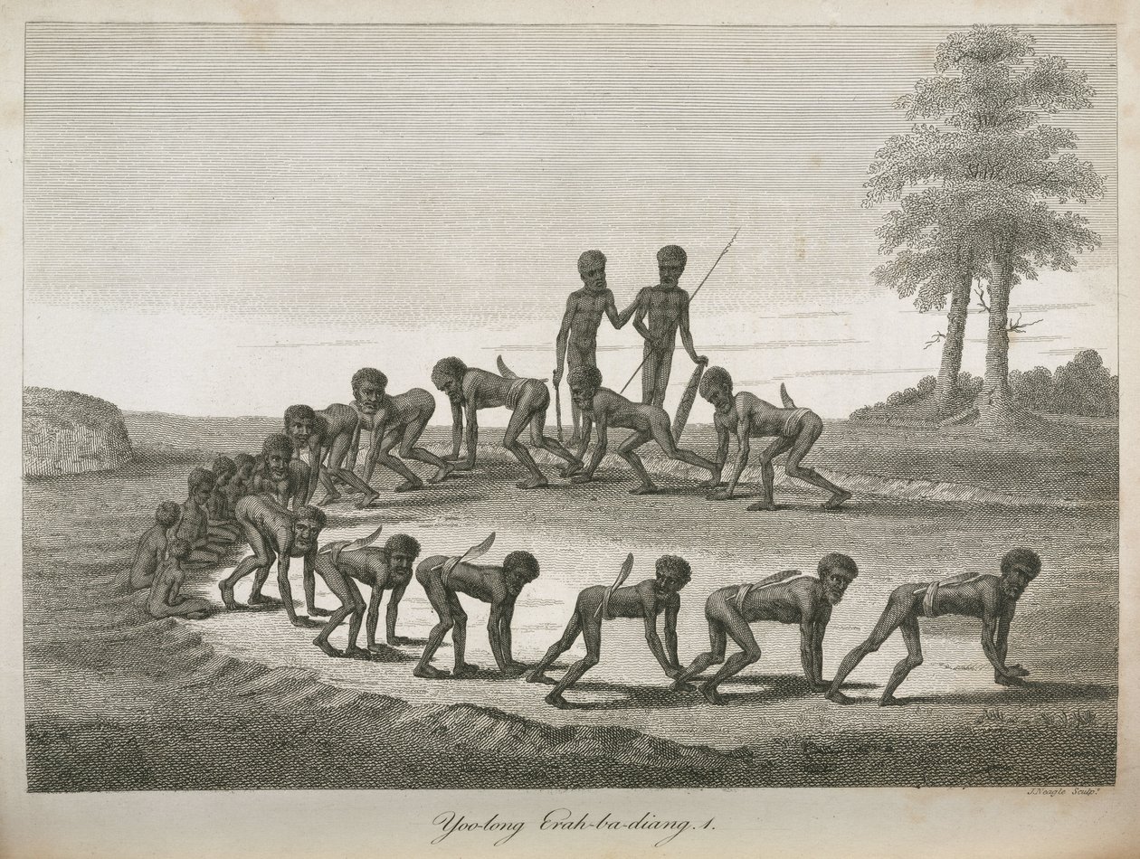 Aboriginal mannen die honden imiteren, Australië door Frederick (attr. to) Barnard