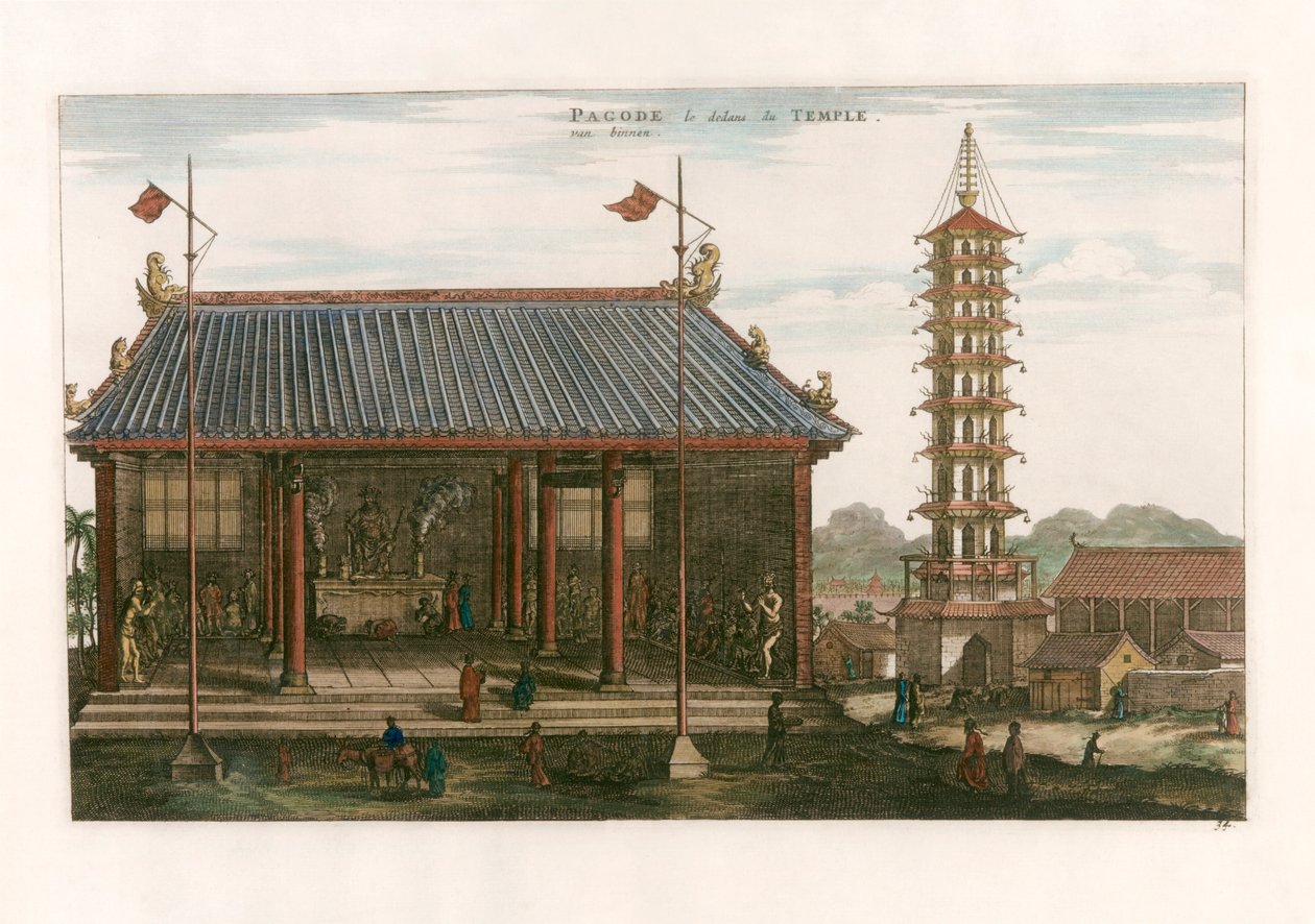 Interieur van een pagode door after Johannes Nieuhof