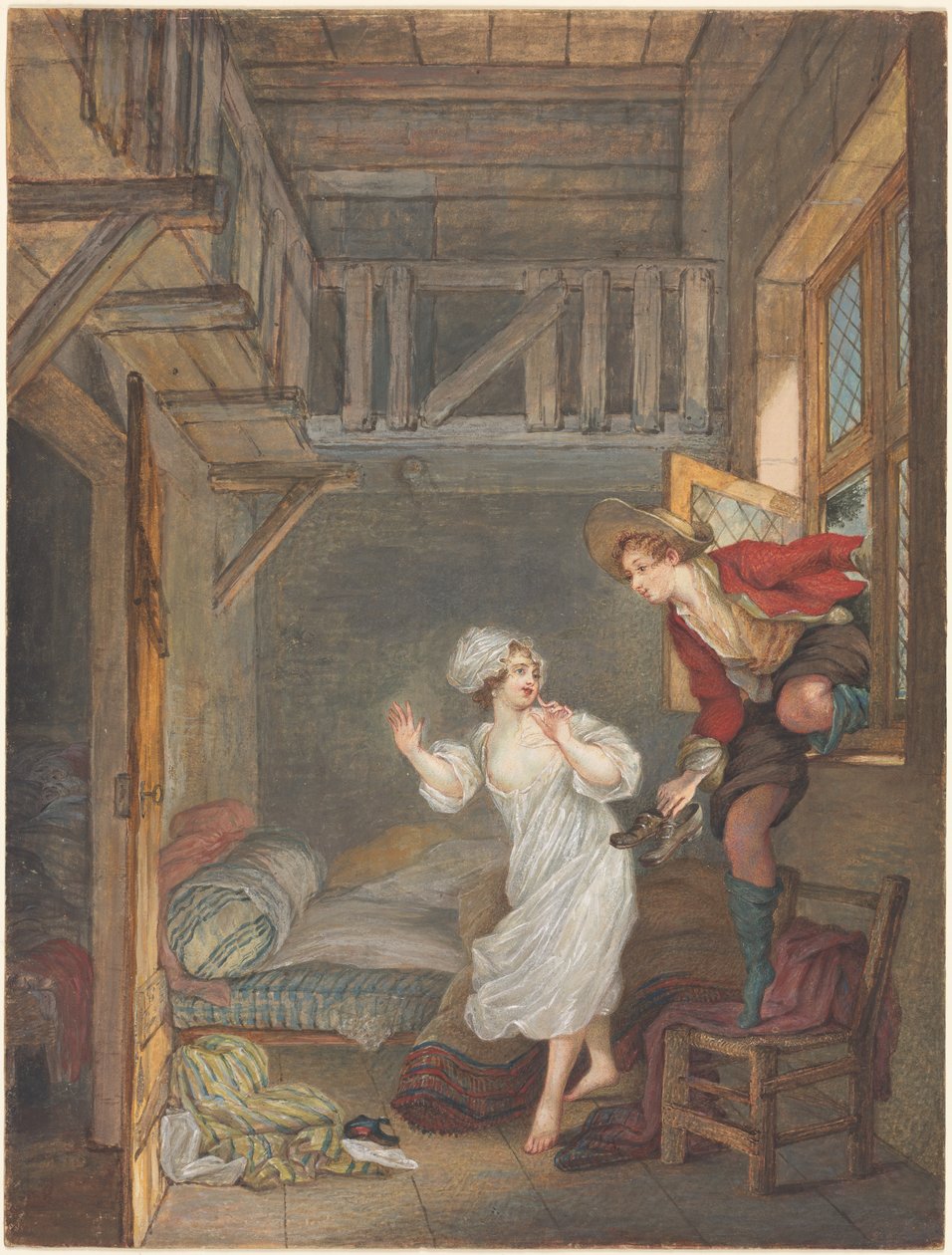 Het bezoek van de geliefde door attributed to Pierre Antoine Baudouin