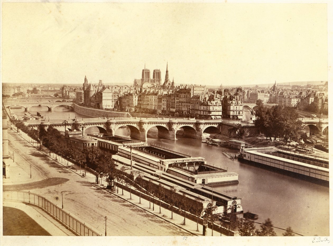 Seine met bruggen, op de achtergrond Notre-Dame de Paris door Edouard Denis Baldus