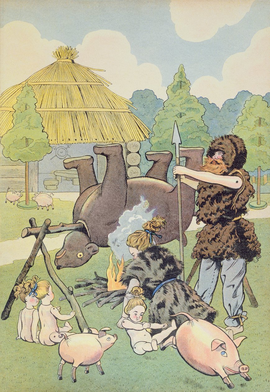 Een Gallische familie kookt een beer, illustratie uit 