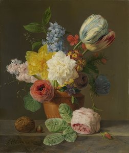 Stilleven met bloemen en noten