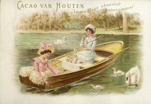 Vrouwen in roeiboot, chocolademelk drinkend