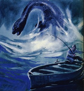 Het Monster van Loch Ness valt een visser aan