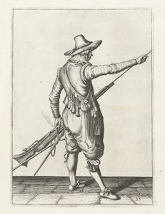 Musketier verwijdert laadstok, ca. 1600