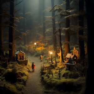 Miniatuur tilt-shift Halloween bos met mistige bomen en een spookachtige sfeer 1