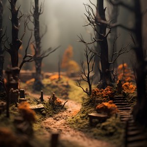 Miniatuur tilt-shift Halloween bos met mistige bomen en een spookachtige sfeer 3