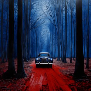 blauwe auto in een rood bos