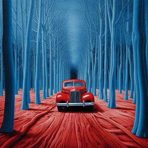 blauwe auto in een rood bos