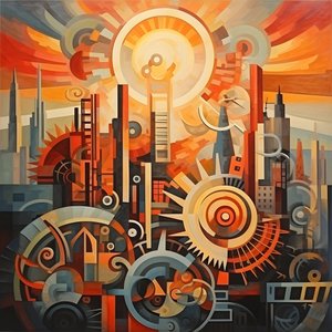 tandwielen en gereedschappen abstracte zonsopgang 1950s 3