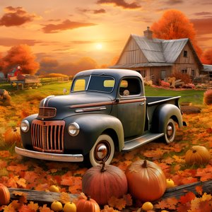 een oldtimer-pickuptruck op een herfstzonsondergangavond 2