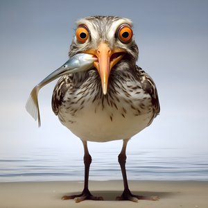 een strandloper houdt een vis vast