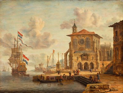 Havenscène met middeleeuws gebouw door Abraham Storck