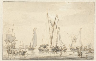 Strandgezicht met afgemeerde schepen door Abraham Storck