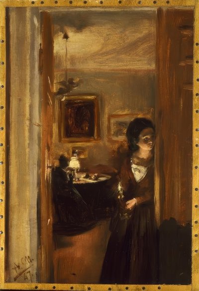 Woonkamer met de zus van Menzel door Adolph Menzel