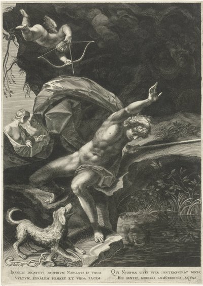 Narcissus bij de bron door Egidius  Sadeler (II)