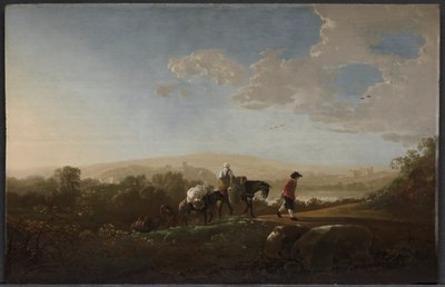 Reizigers in Heuvelachtig Landschap door Aelbert Cuyp