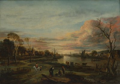 Landschap bij zonsondergang door Aert van der Neer