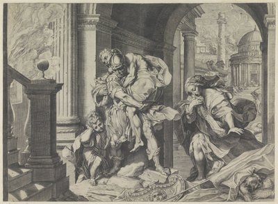 Aeneas vlucht met zijn familie uit Troje door Agostino Carracci