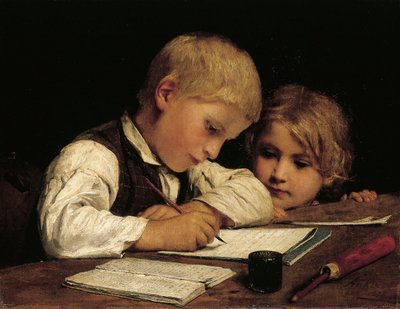 Een jongen die schrijft; Schreibender Knabe Mit Schwesterchen door Albert Anker