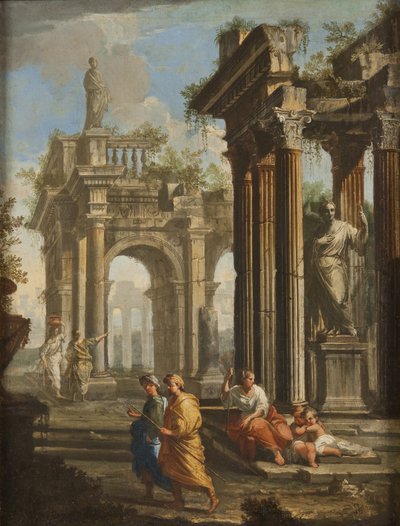 Pelgrims naast klassieke gebouwen, ca. 1710 door Alberto Carlieri