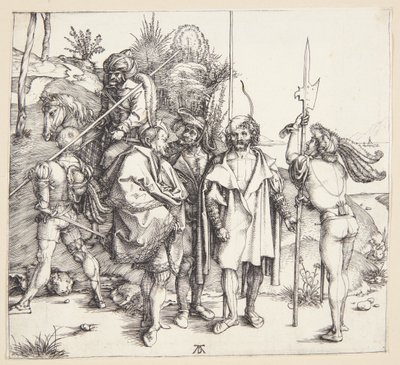 Vijf lansquenets en een oosterling te paard door Albrecht Dürer