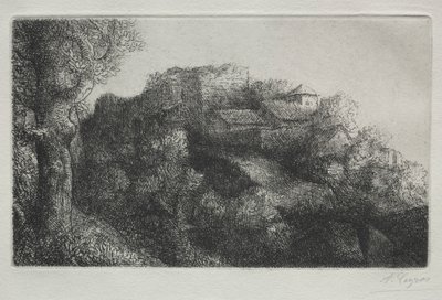 Landschap (met gebouwen) door Alphonse Legros