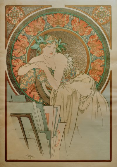 Vrouw met klaprozen en grafiekmap door Alphonse Mucha